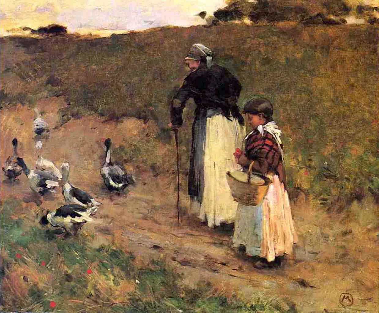 Vieille femme avec un enfant et une oie - Willard Metcalf image 1 copie peinte à la main à l’huile