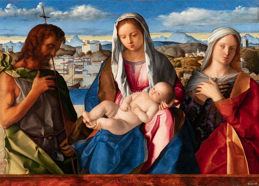 Vierge à l'Enfant entourée de saint Jean-Baptiste et d'une sainte - Giovanni Bellini image 1 reproduction artisanale de tableau
