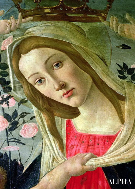 Vierge et enfant couronnés d'anges, détail de la Vierge - Sandro Botticelli - Reproductions de tableaux et peintures haut de gamme