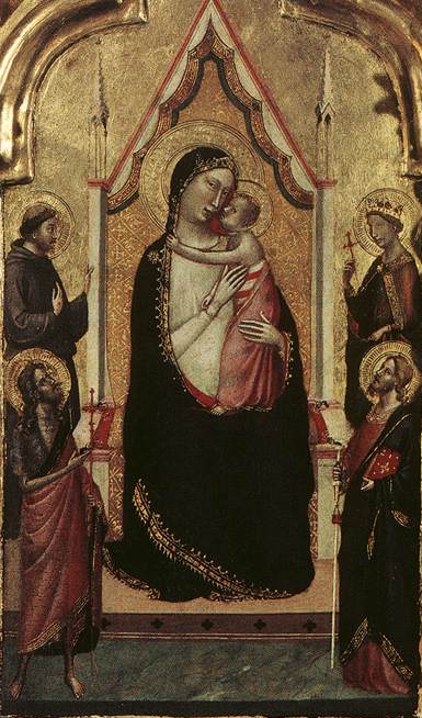 성모 마리아와 아기 예수, 성인들과 함께 앉아 있는 모습 - Bernardo Daddi