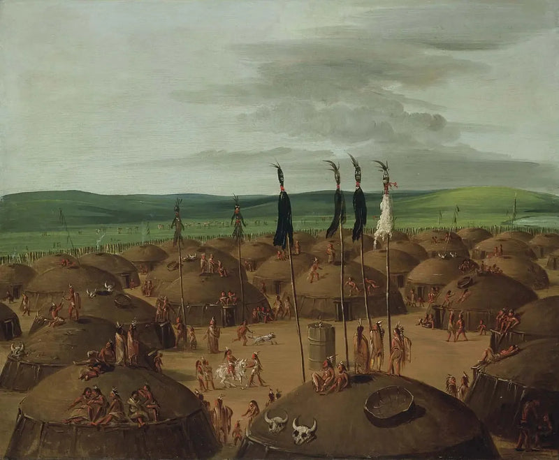 세인트루이스에서 1800마일 상공에 위치한 만단 마을의 항공 뷰

Source:
Vue aérienne du village de Mandan, à 1800 milles au-dessus de Saint-Louis - George Catlin