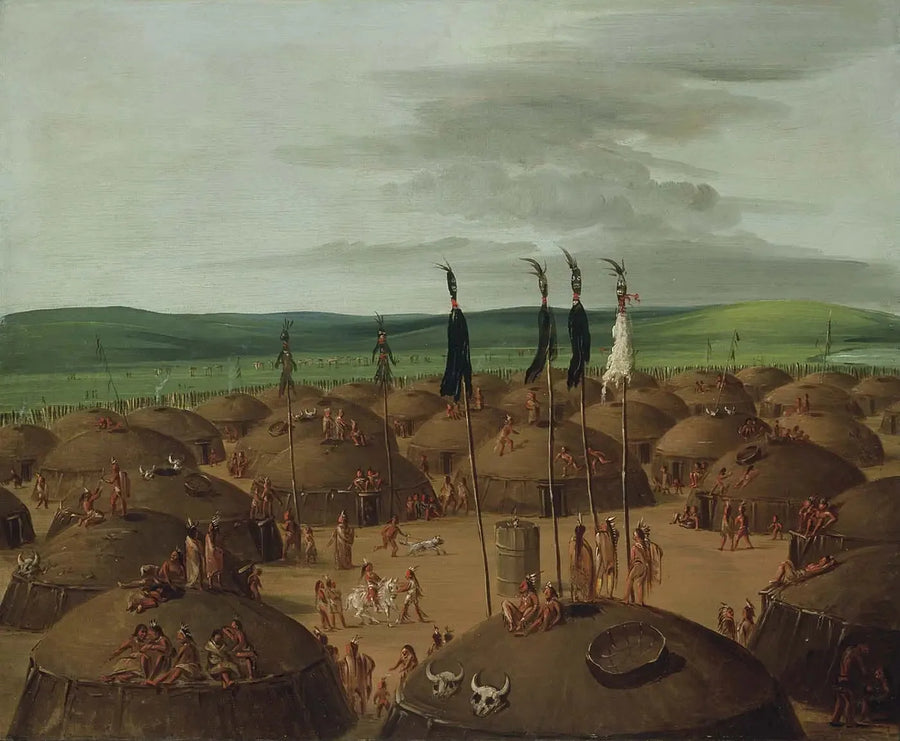 세인트루이스에서 1800마일 상공에 위치한 만단 마을의 항공 뷰

Source:
Vue aérienne du village de Mandan, à 1800 milles au-dessus de Saint-Louis - George Catlin