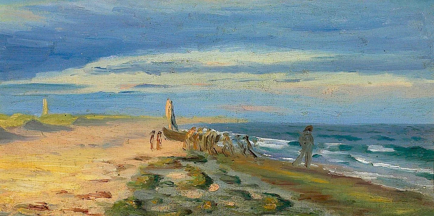 Vue de la plage de Skagen avec des personnes à bord d'un bateau. Le phare de Skagen se dresse à l'arrière-plan. - Michael Peter Ancher image 1 copie de tableau peinte à la main