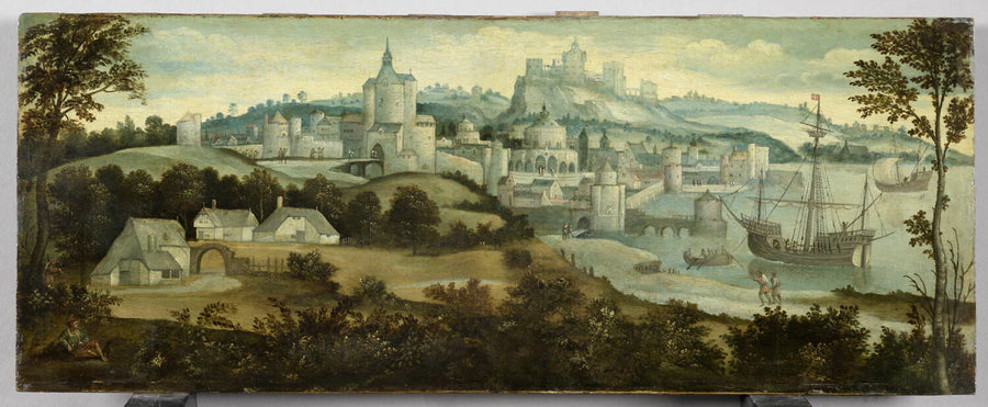 Vue d'une ville fortifiée avec un port - Lucas van Gassel